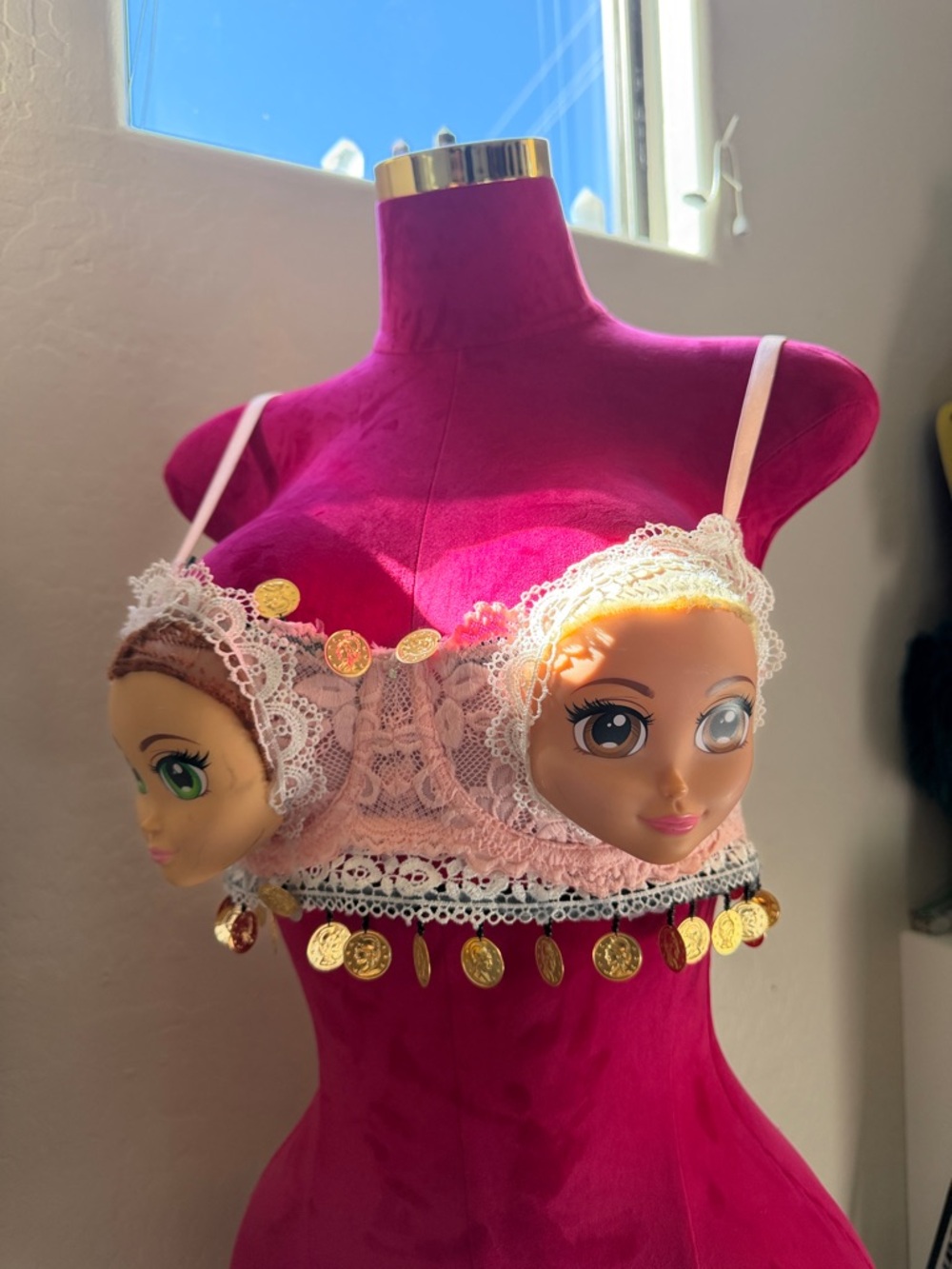 Novelty Lace Bustier Bra w/ Coin Trim & Doll Head Detail